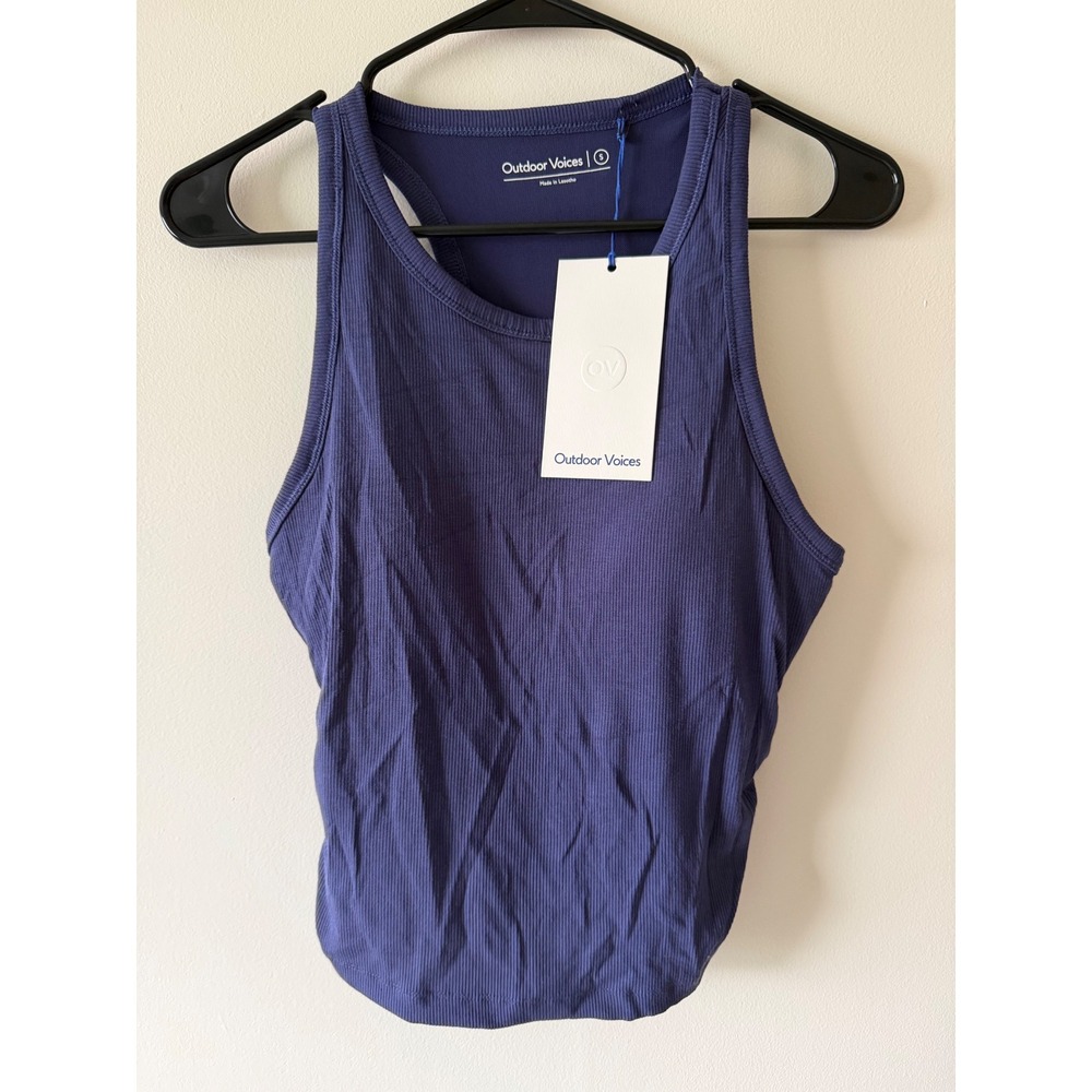 Outdoor Voices Women's Rib Knit Tank Peri Night Blue Racerback Shelf Bra, Small
